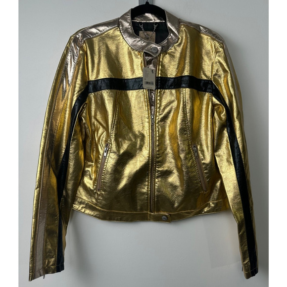 NEW We The Free People M Fast Lane Metallic Gold Vegan Leather Moto Jkt $198 B12 - Picture 2 of 9